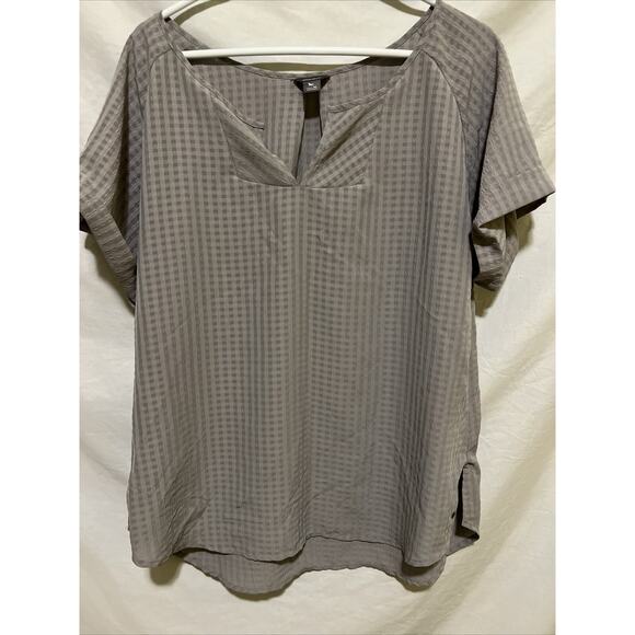 EDDIE BAUER Blouse Womens XL Gray Checked Semi Sheer Short Sleeve V-neck Popover - Picture 1 of 11